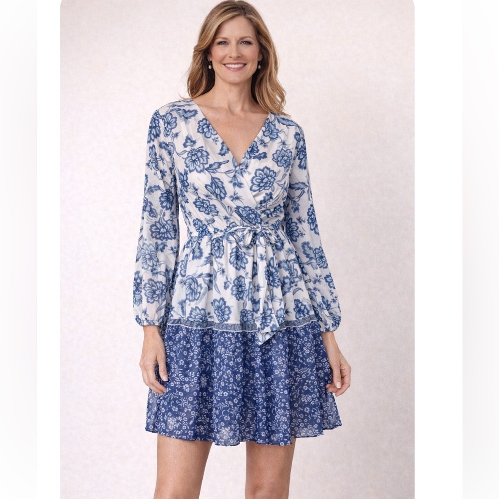JAPNA Blue and White Floral Bohemian Wrap Front  Long Sleeve XS Dress NWOT